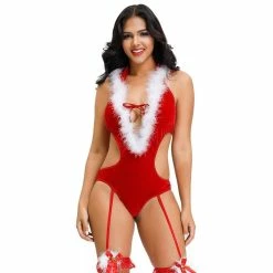 Best Pirce ⭐ Bondara Flirt Miss 🔔 Christmas Hooded Plunge Garter Teddy 🌟